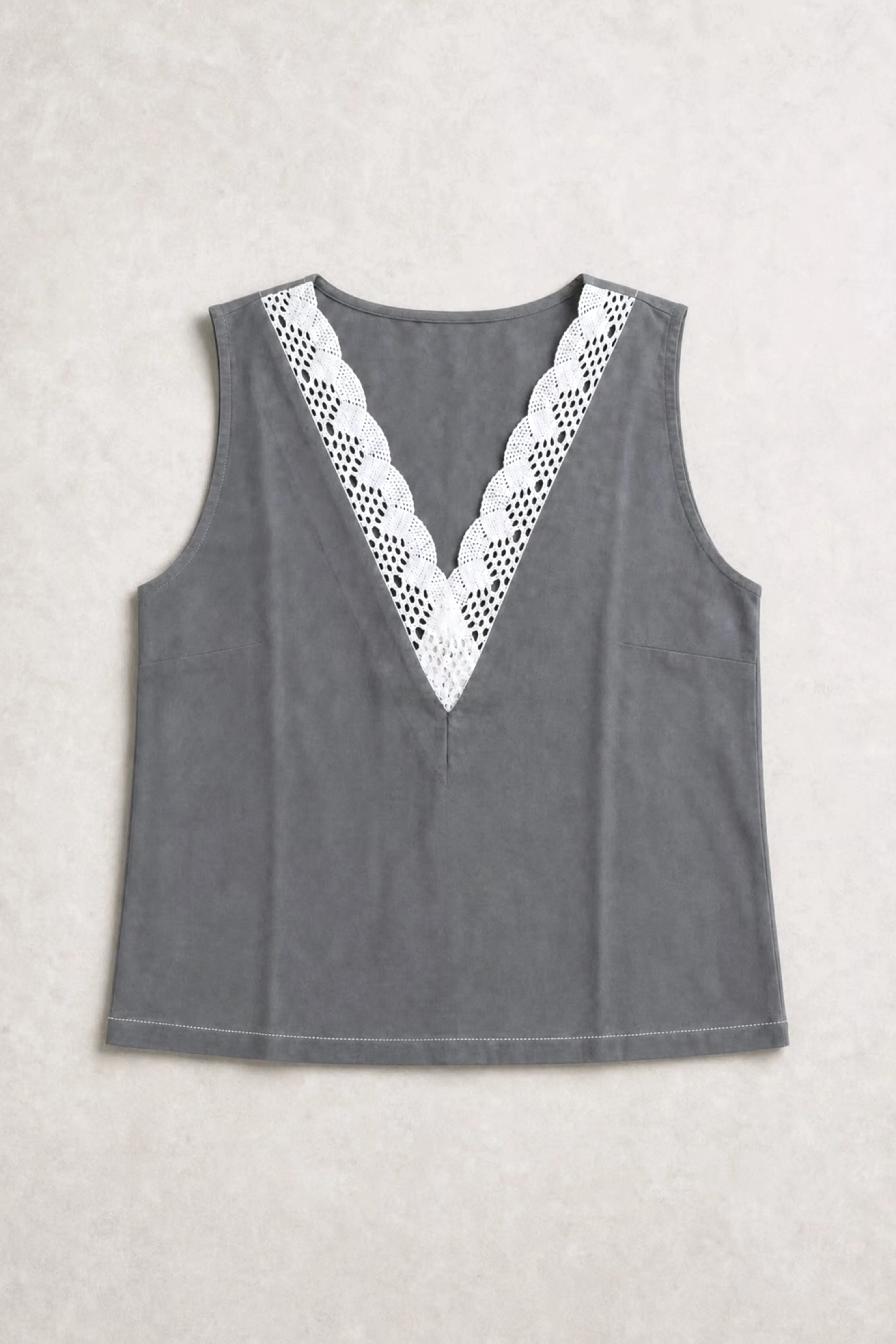 Women's Grey Crochet-trim Deep V-neck Top