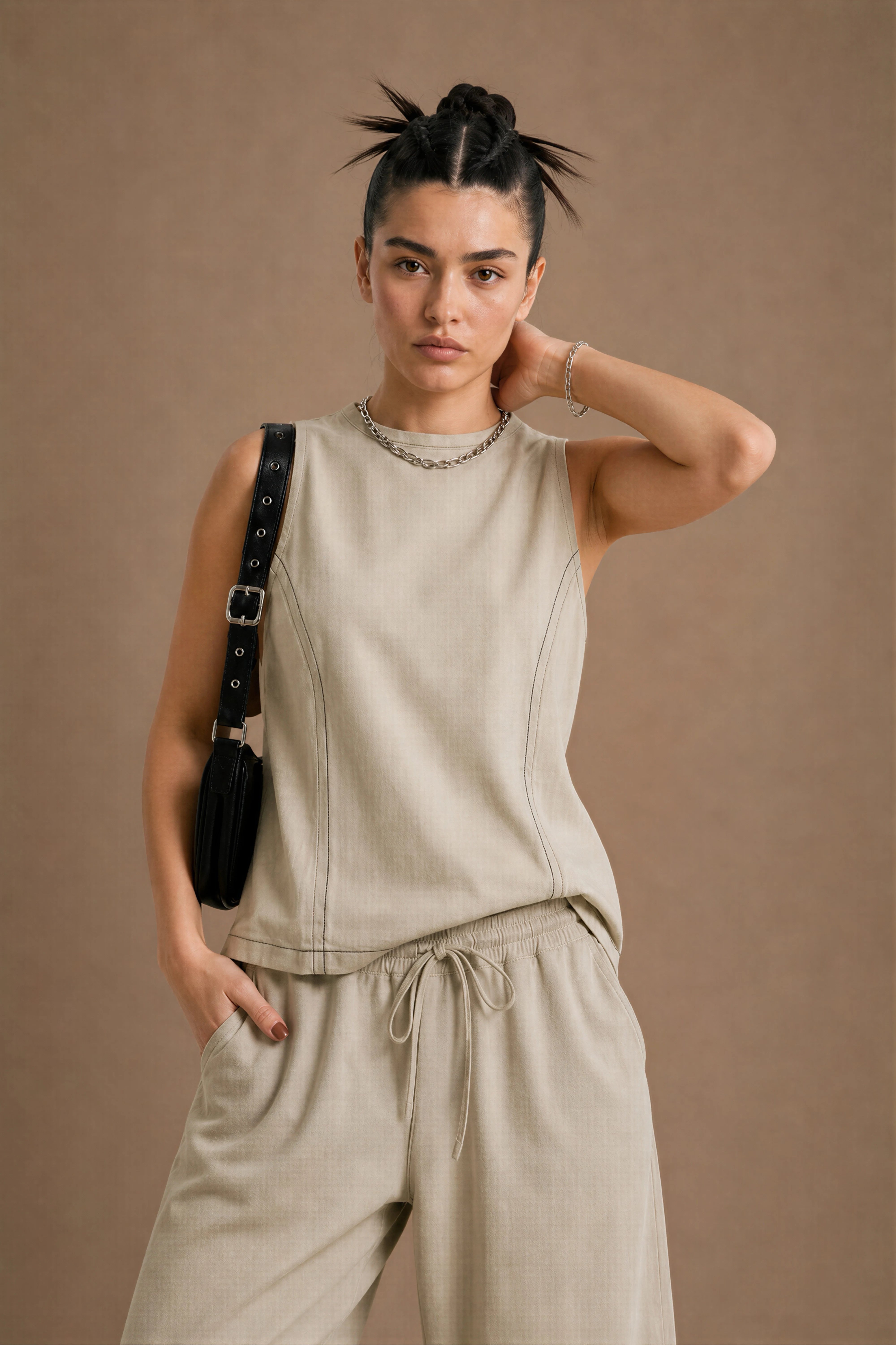 Women's Lichen Green High-neck Seamed Halter Top