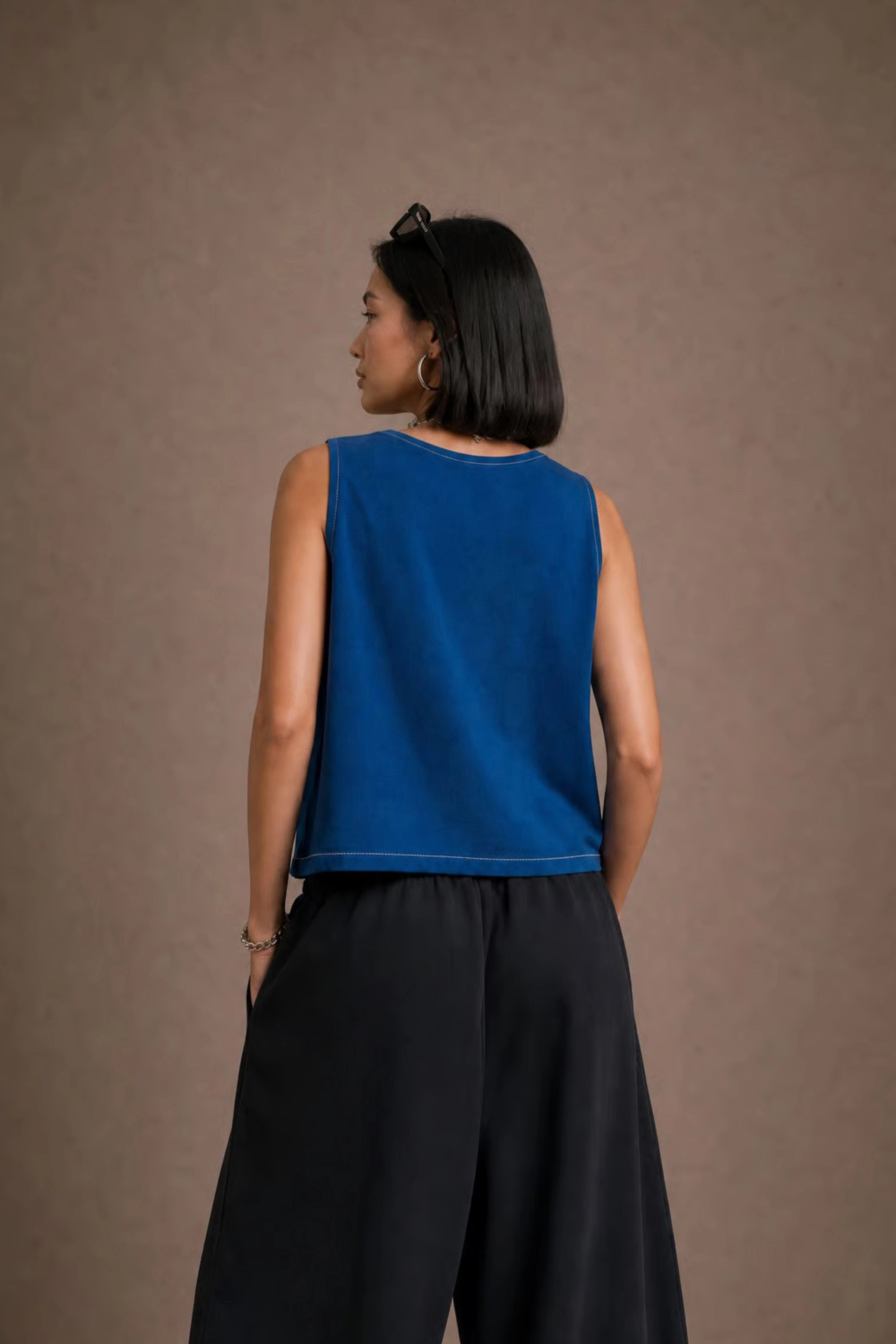 Women's Navy Blue Crochet-trim Deep V-neck Top
