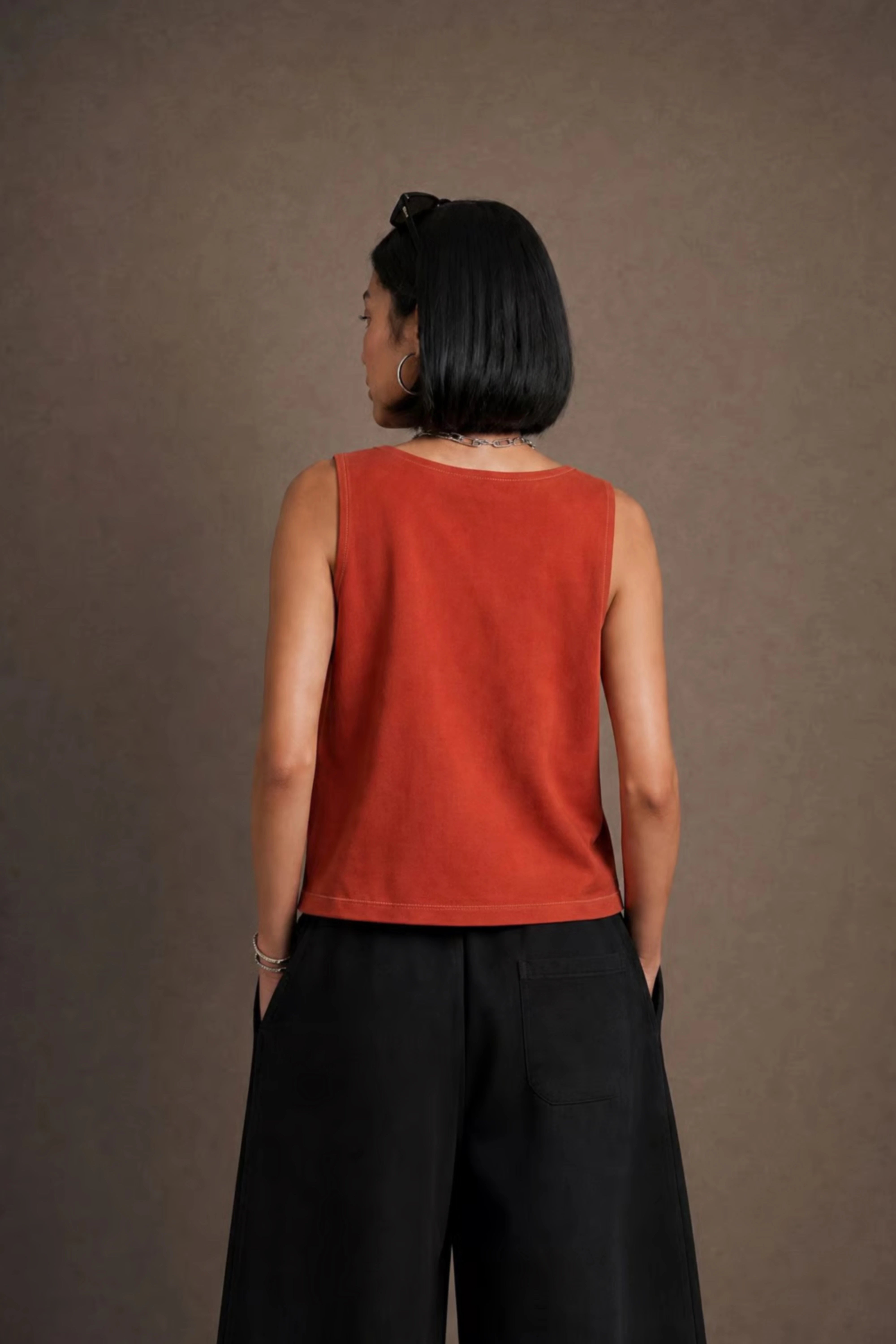 Women's Rust Crochet-trim Deep V-neck Top