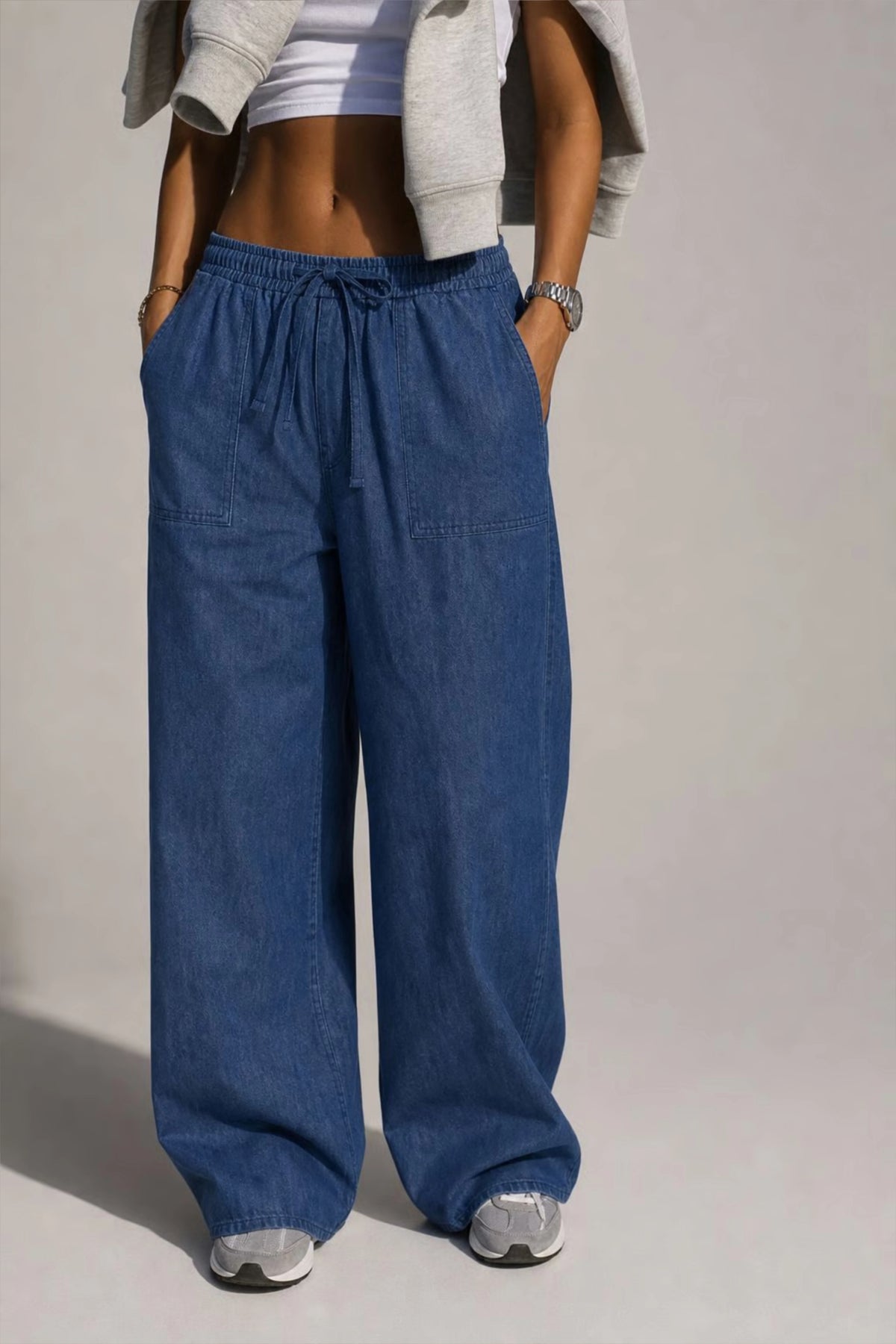 Women's Baggy Denim Joggers With Patch Pockets