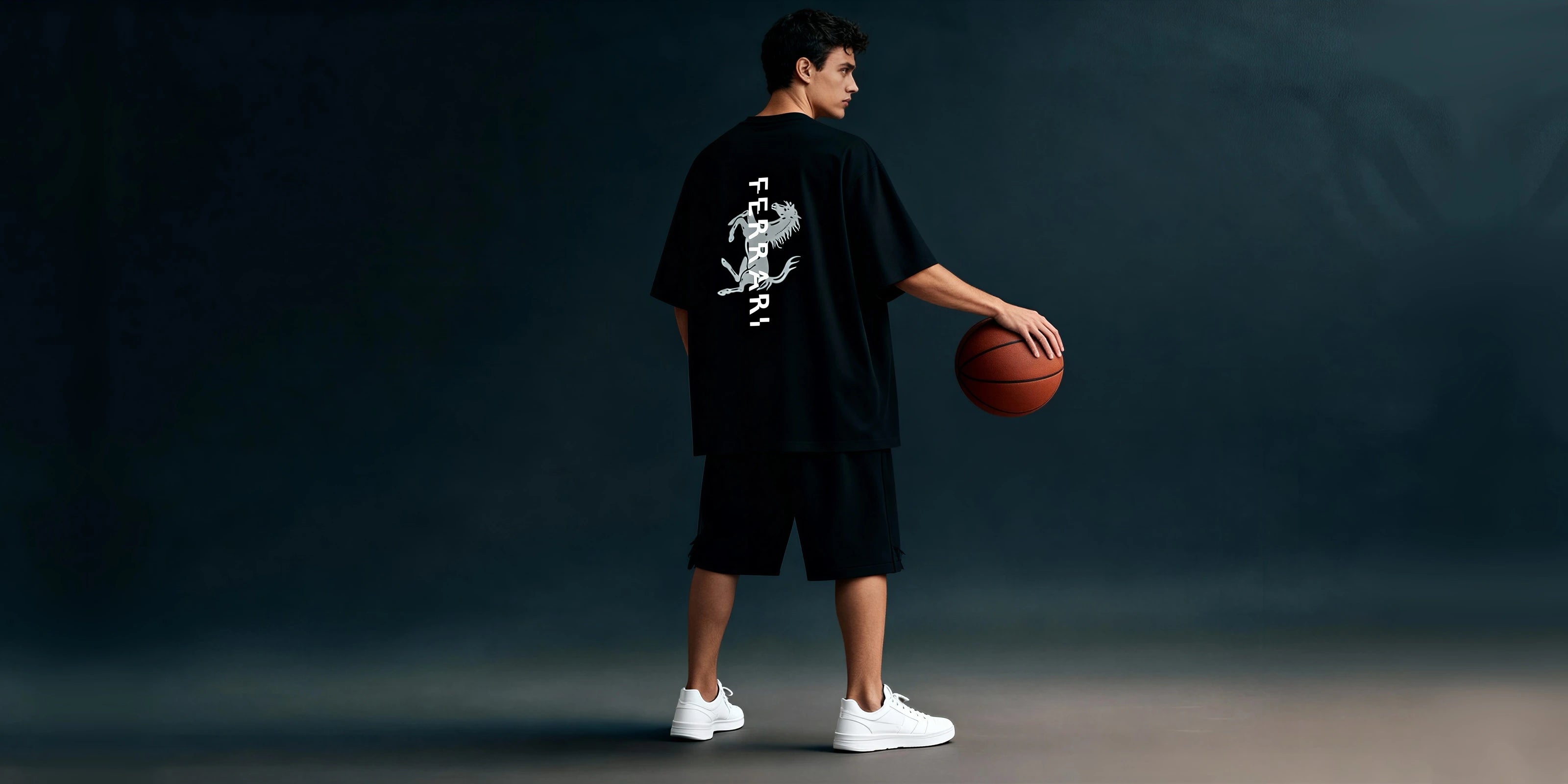 men wearing black oversized ferrari t-shirt