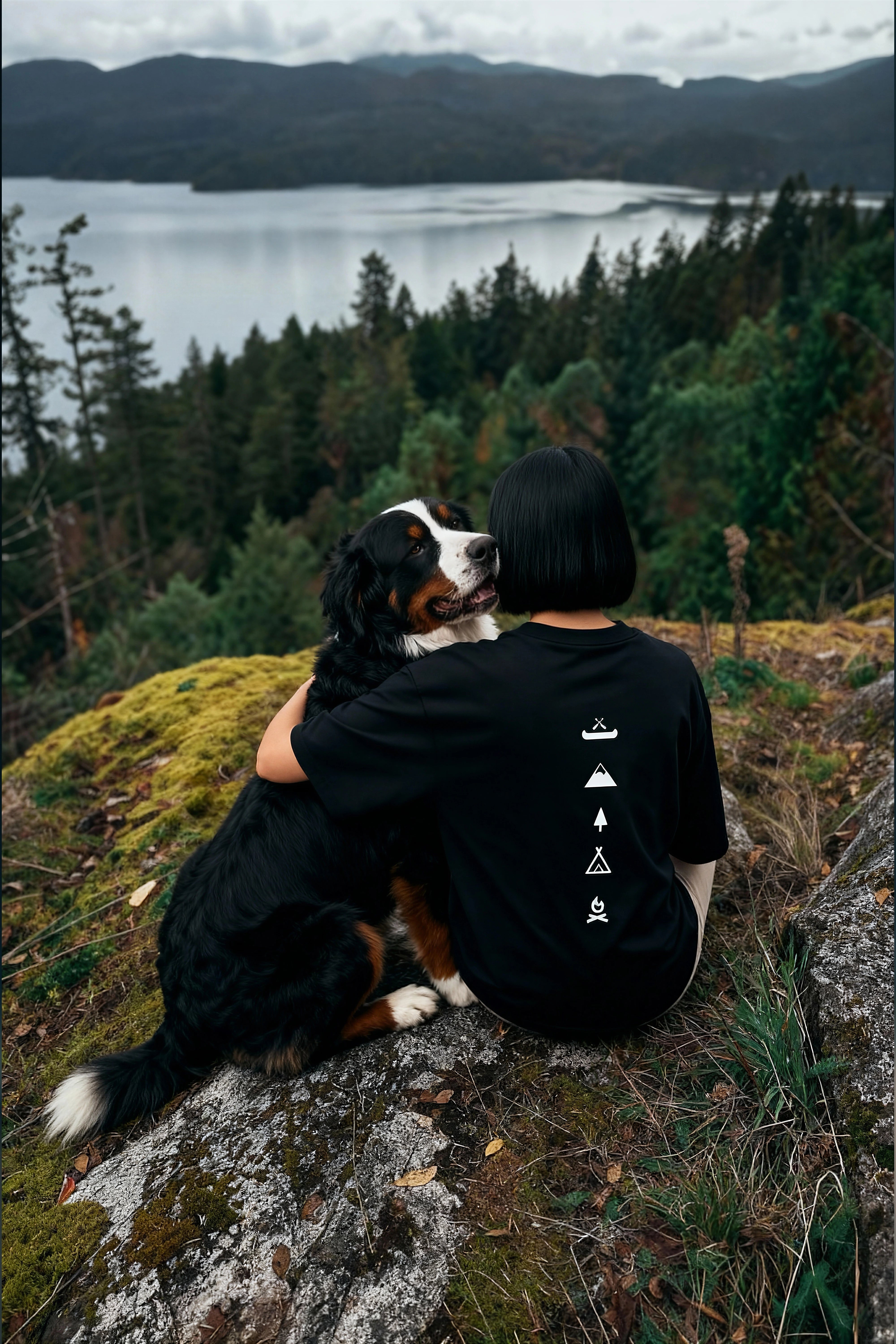 a man with his dog wearing black relaxed fit t-shirt